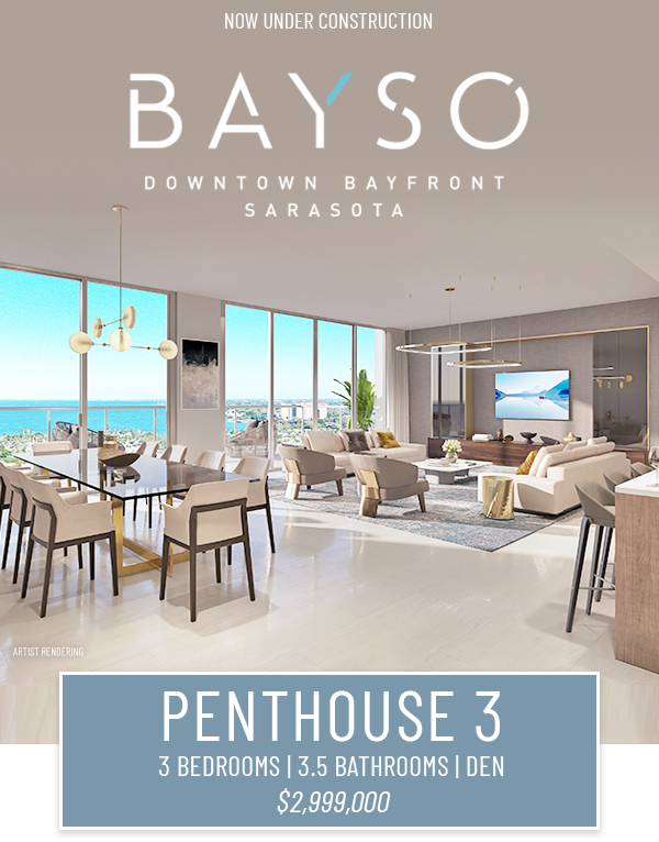 Now Under Construction. Bayso Downtown Bayfront Sarasota. Penthouse 3. $2,999,000